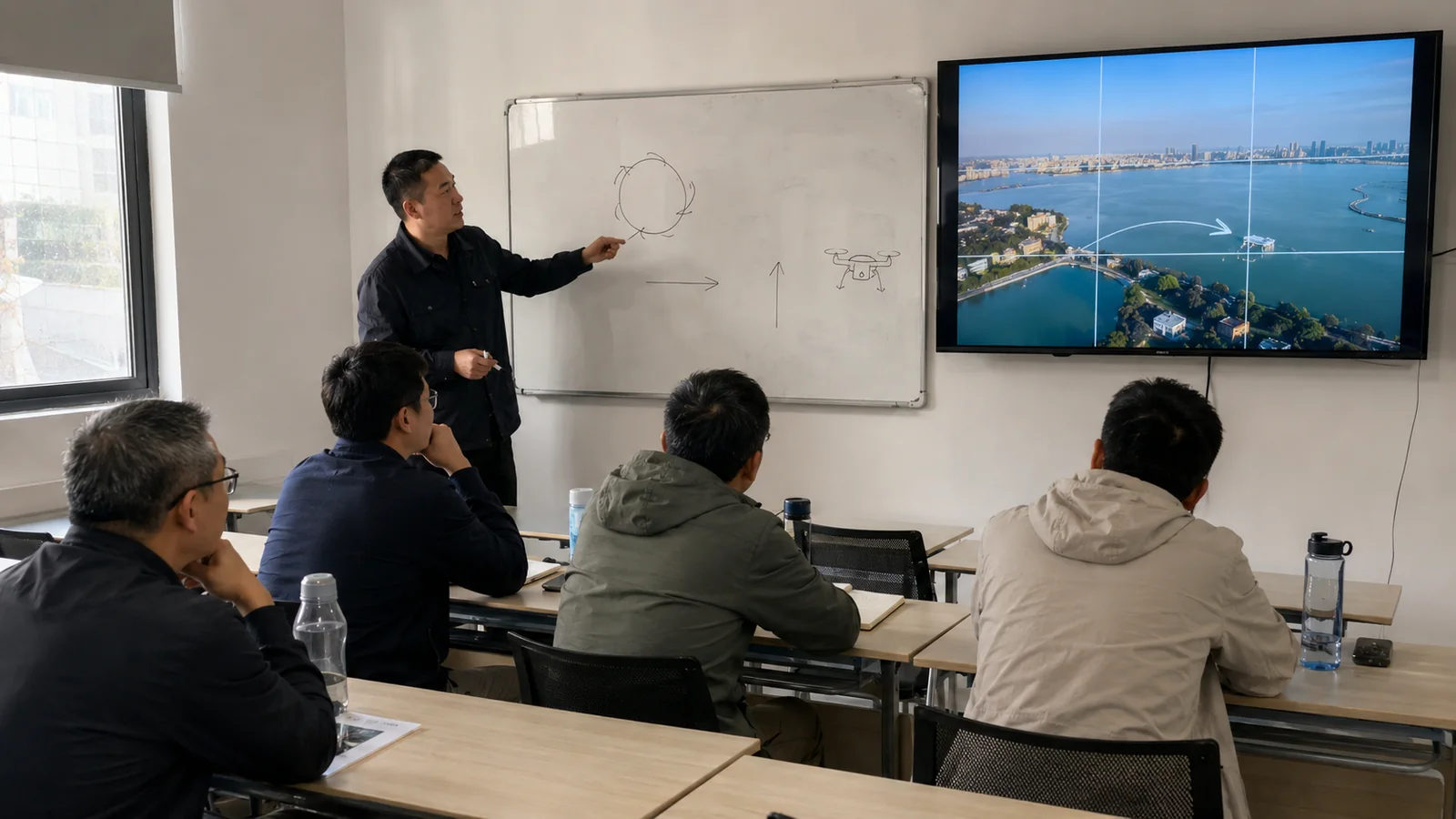 教员在课堂讲解无人机航拍构图与运镜